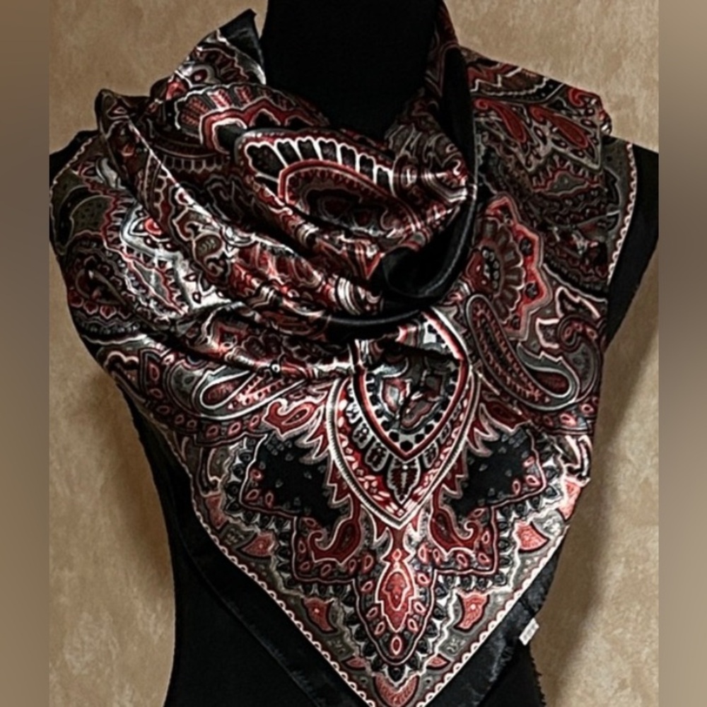 Red & Black Bohemian Print Square Paisley Silky Scarf